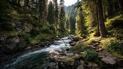 Mountain stream flowing through a dense forest