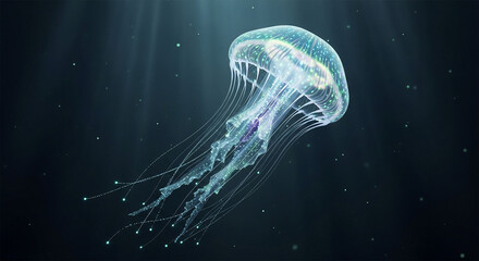 Fototapeta premium Bioluminescent Jellyfish Floating Gracefully in Deep Ocean Waters.