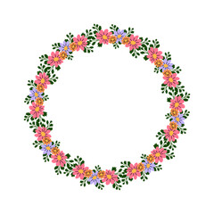Colorful floral wreath with pink, yellow, purple flowers and green leaves in circular frame shape. Decorative botanical vector illustration, spring, summer nature border isolated on white background.
