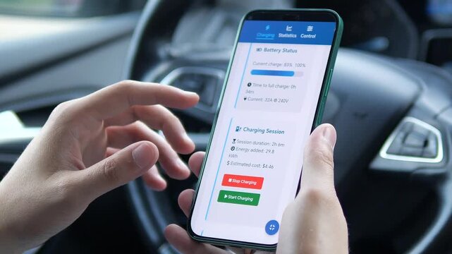 Detailed close-up of hands operating an EV charging app - initiating session with Start Charging tap, monitoring real-time battery percentage and cost accumulation, then properly ending with Stop