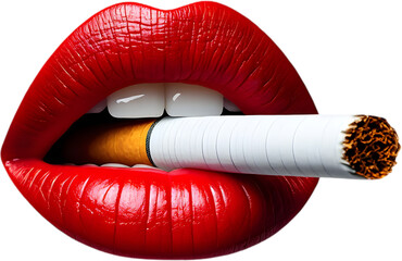 Striking visual of plump, glossy red lips with a cigarette, a provocative and highly detailed pop-art inspired image. 