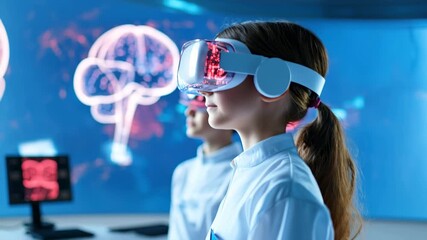 Young girl child explores digital brain hologram with virtual reality headset technology, immersive science innovation - Powered by Adobe