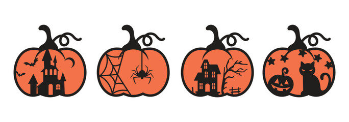 Halloween pumpkin, horor houses, vector