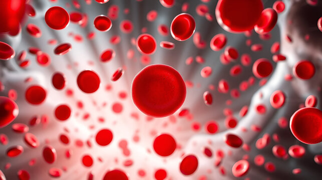 Internal view showcases flowing red blood cells in a dynamic environment with illuminating rays, An internal view of Red blood cells flowing through the circulatory system in the human body