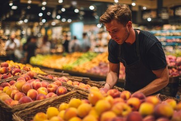 Afternoon in a grocery store with colorful fruit baskets A worker is restocking peaches and pears for display The mood is steady and focused, Generative AI