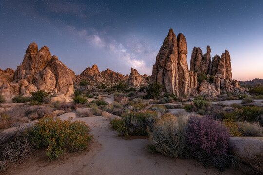 Desert landscape at dawn, rock formations, milky way
