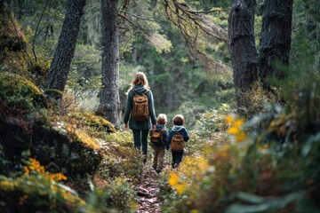 Fototapeta premium Mother shares a joyful hiking adventure with her two young sons through a vibrant forest setting filled with greenery and wildflowers during a sunny day