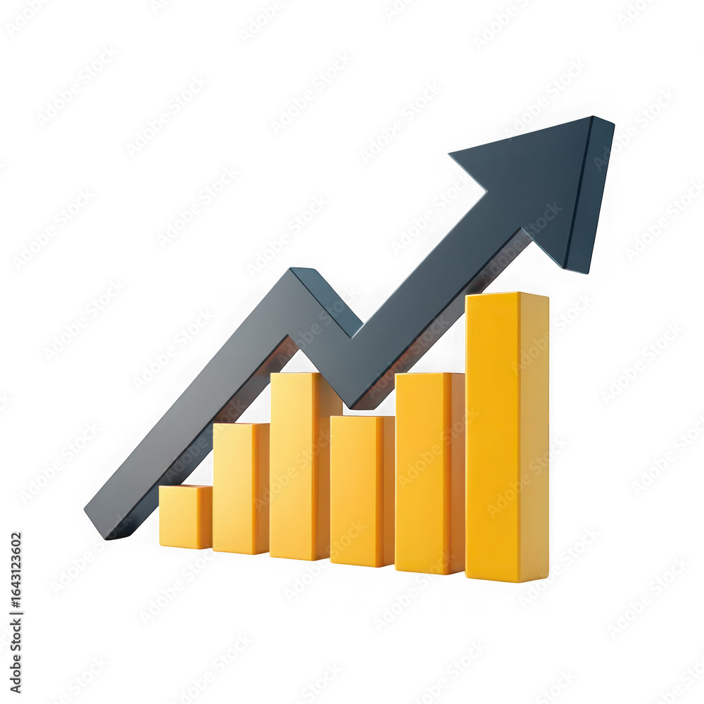 Poster 3d rendering of a rising bar graph with an upward trending arrow indicating financial growth and suc