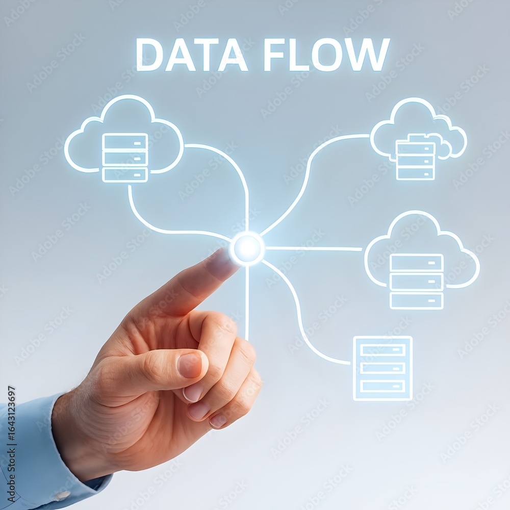 Aufkleber conceptual data flow diagram with a hand touching a central node, representing cloud computing, netw