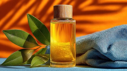 A transparent yellow body oil bottle with a wooden cap placed next to cloth and green leaves for a natural aesthetic appeal