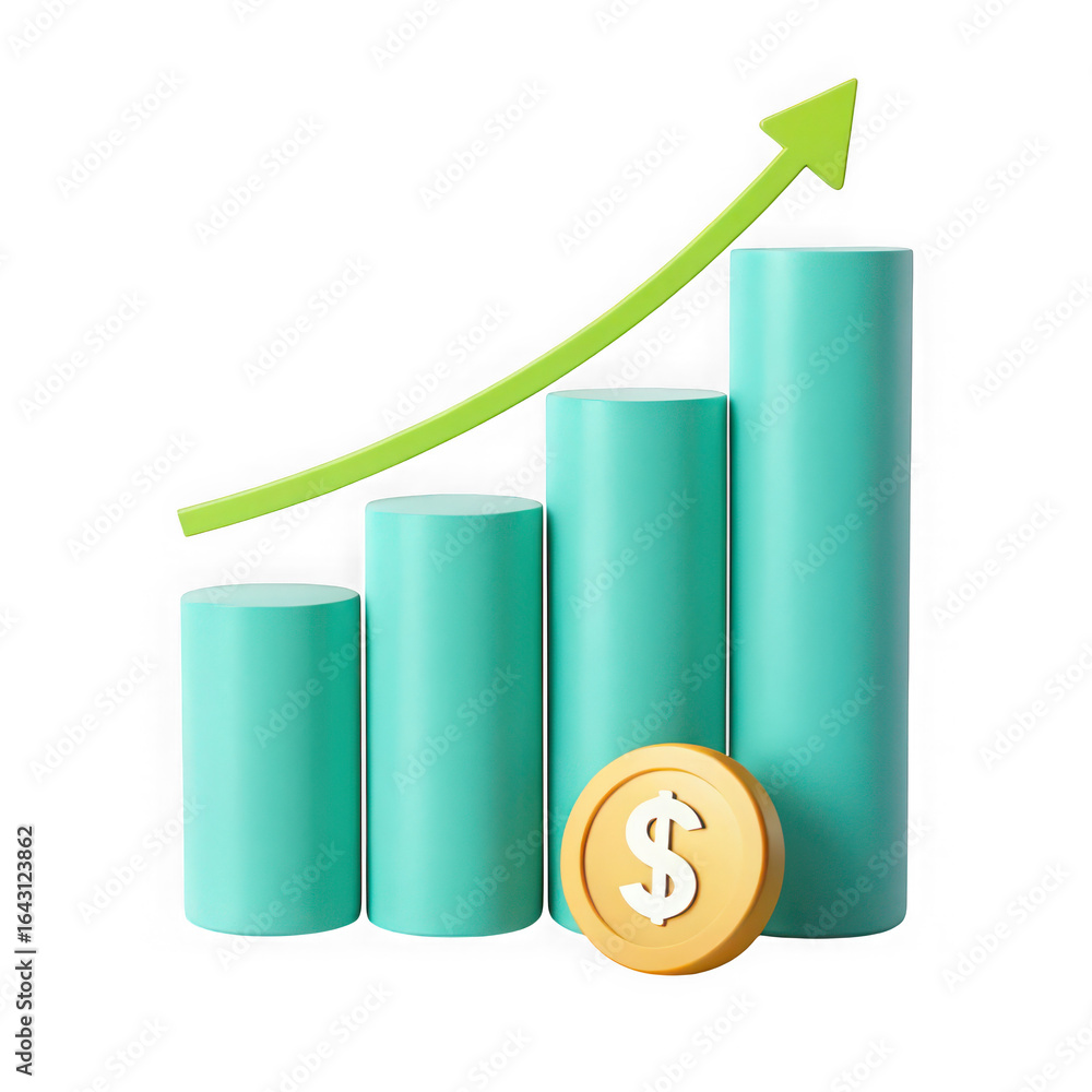 Poster 3d rendering of a turquoise bar graph with a rising green arrow and a golden dollar coin isolated on