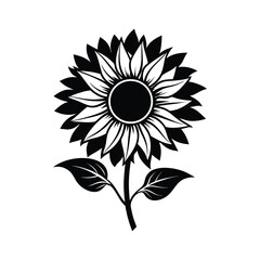 Bold black and white linocut style sunflower illustration with detailed petals and leaves