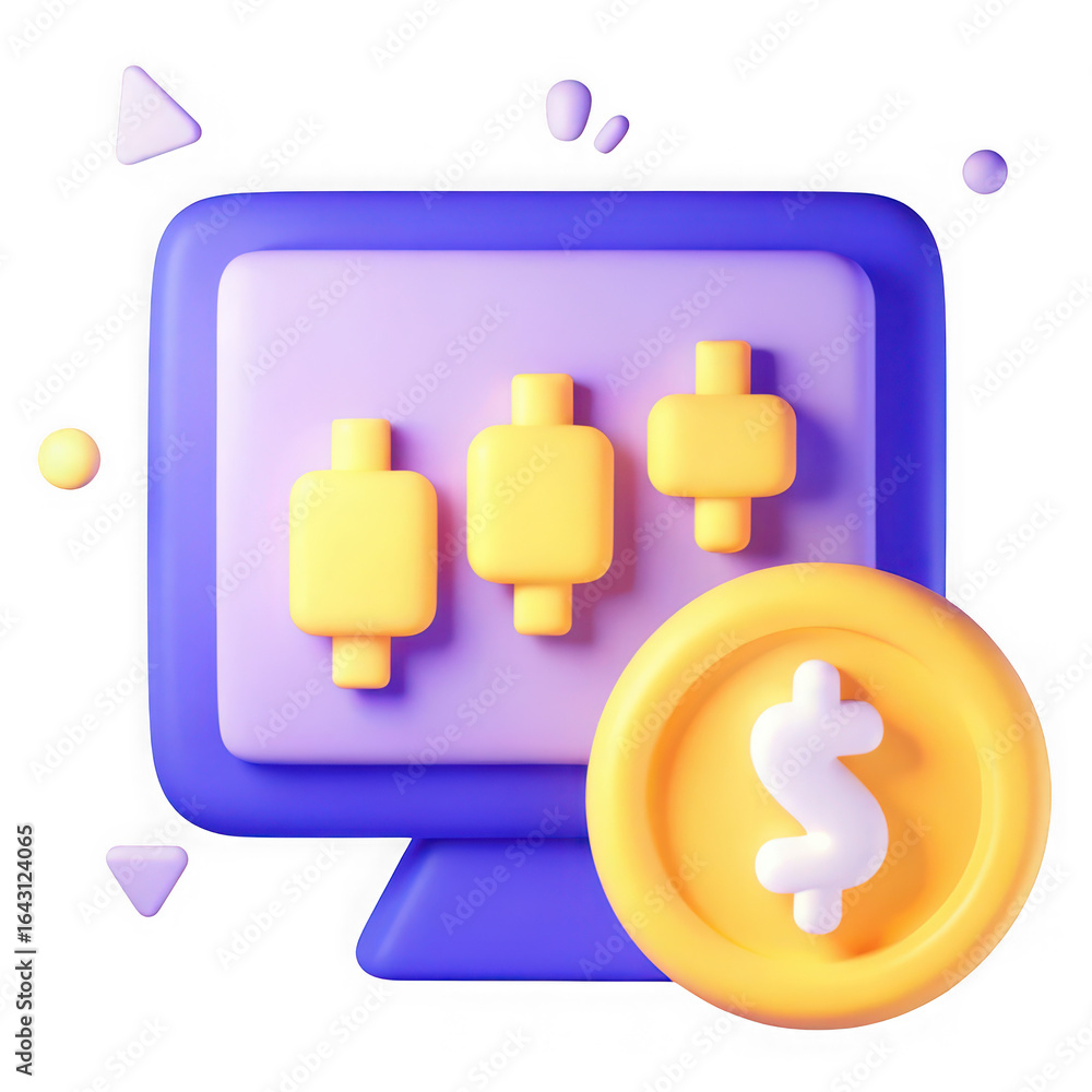 Poster 3d render of a computer monitor displaying financial trading candlesticks with a gold coin isolated 