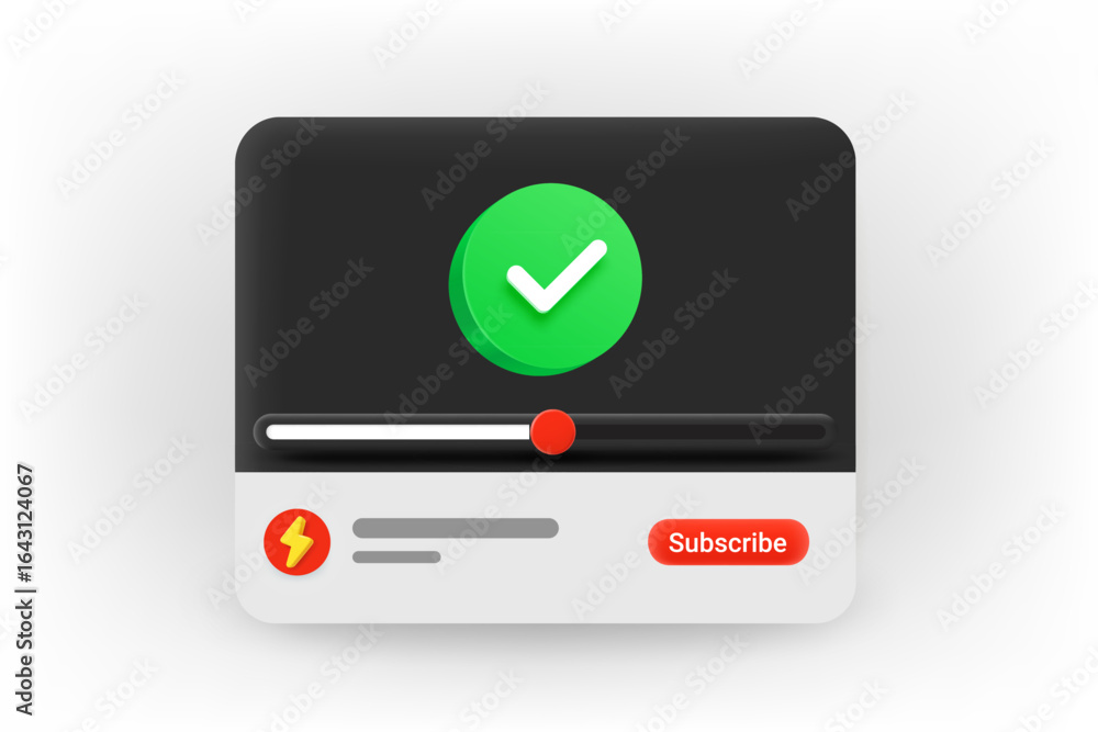 Poster online video player with checkmark. 3d vector concept