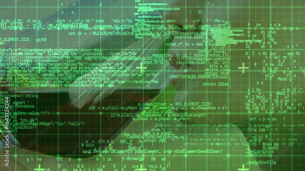 Poster woman holding smartphone to ear initiating tech monitoring with green code grid scanning call data