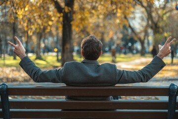 Man relaxes on bench in park surrounded by autumn leaves while enjoying the peaceful atmosphere