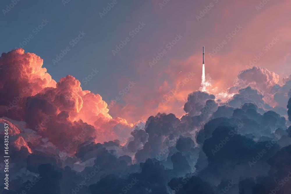 Poster rocket ascent through colorful clouds at dusk creating a breathtaking view of space exploration in p