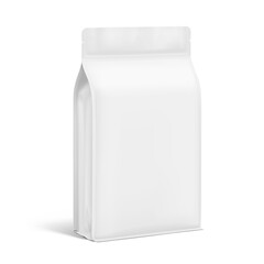 Vertical flat bottom gusset bag mockup for food, sport nutrition. Half side view. Vector illustration isolated on white background. Can be use for template your design. EPS10.