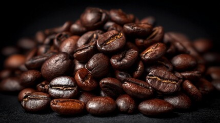 Dark roasted coffee beans piled in a textured black background, showcasing their rich color and glistening surface