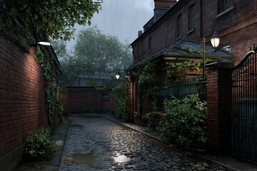 Rain-swept alleyway with brick buildings