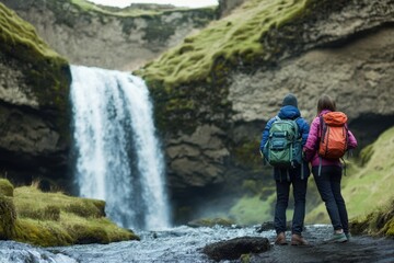 Obraz premium Hikers admire a stunning waterfall in the rugged landscape during an outdoor adventure
