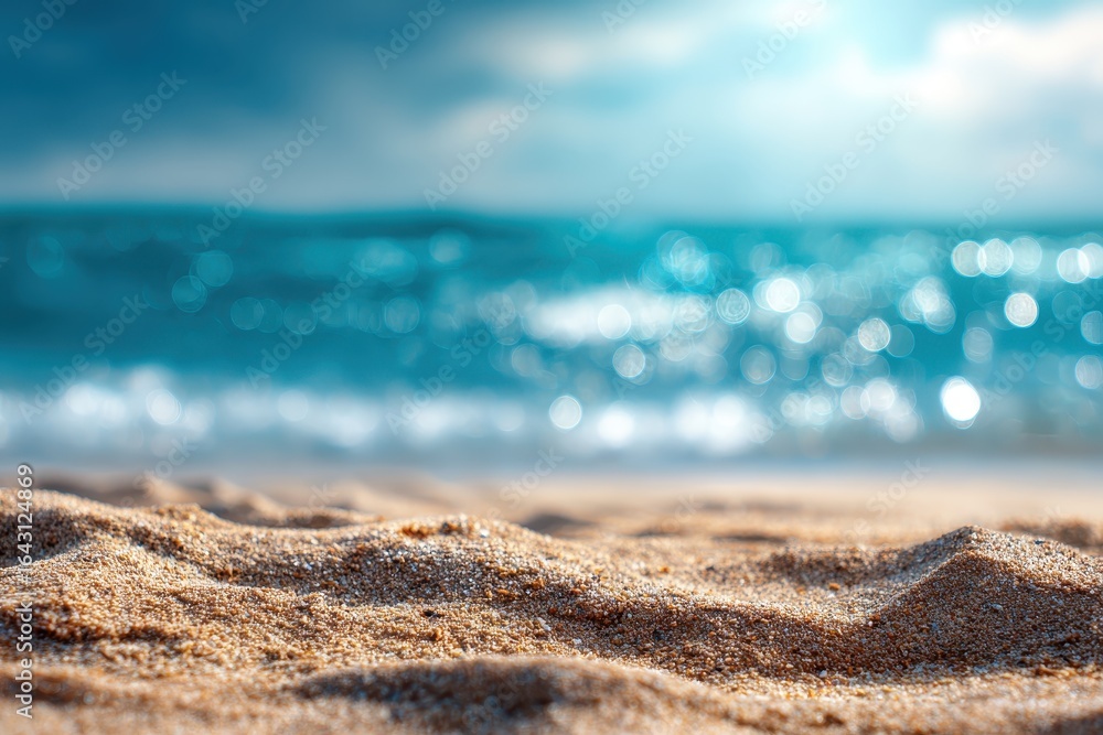Poster sandy beach during summer with a blurred ocean in the background creates a tranquil and inviting atm