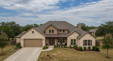 Modern Texas Stone and Brick Home with Covered Front Porch and Three Gables