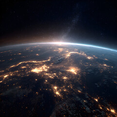 Obraz premium Sleek Illuminated Showing Lights Night City photo Earth Space high-quality View From stock of with decorative props, in professional studio