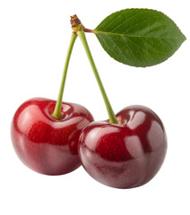 two ripe cherries with leaf isolated on white background