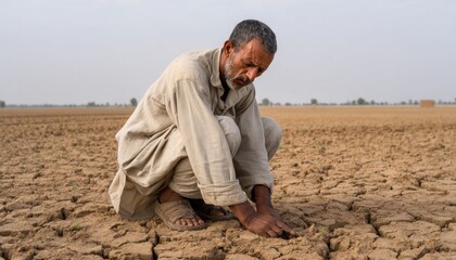 Indian farmer examining dry cracked soil in drought stricken field