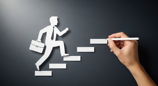 Paper cutout businessman climbing stairs drawn by hand with chalk - Powered by Adobe