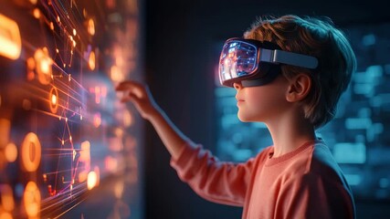Young boy child kid explores virtual reality VR headset, interacting with glowing digital interface, futuristic technology - Powered by Adobe