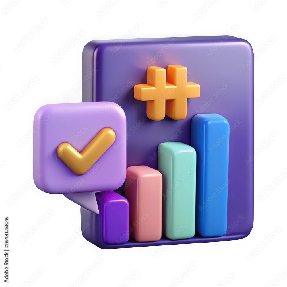 Poster 3d illustration of a purple speech bubble with a golden checkmark and colorful bar graph elements is