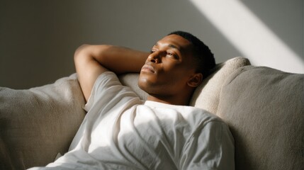 Serene man relaxing on sofa, enjoying sunlight and contemplating