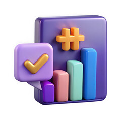 Obraz premium 3d illustration of a purple speech bubble with a golden checkmark and colorful bar graph elements isolated on transparent background