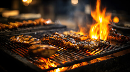 Rustic Barbecue Meats high-quality Fire Flaming Grill photo and Nighttime Grilled with stock in stylish composition, in high resolution