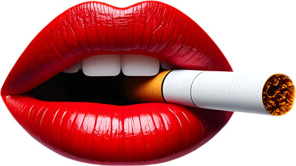 Striking visual of plump, glossy red lips with a cigarette, a provocative and highly detailed pop-art inspired image. 