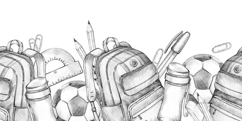 school backpack, soccer, football ball, pencil, pen, eraser, paper clip, water bottle, seamless border, hand drawn pencil sketch of children education theme, learning, back to school illustration