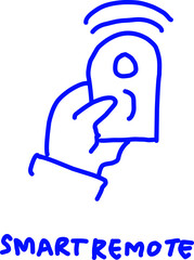 Blue line art of a hand holding a smart remote control emitting signal waves, symbolizing wireless technology and modern home automation concepts