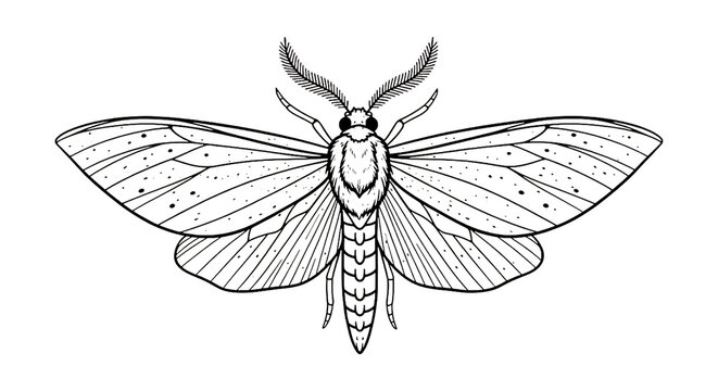 Detailed outline of a moth with intricate wing patterns isolated on transparent background
