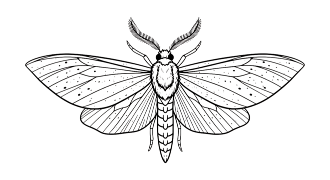 Detailed outline of a moth with intricate wing patterns isolated on transparent background
