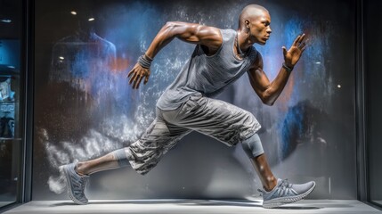 Male mannequin wearing sportswear running in shop window display