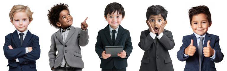 Diverse kids dressed as businessmen isolated on transparent background PNG set, 5 cute boys, White, Black, Asian, Hispanic, and Indian wearing suit.