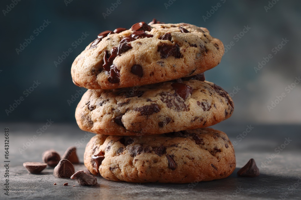 Poster stack of three freshly baked dark chocolate chip cookies on a rustic surface with a soft focus backg