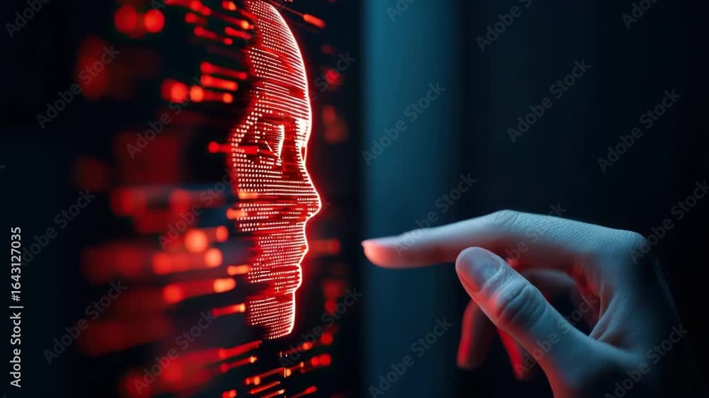 Poster digital face artificial intelligence technology human hand red light futuristic innovation interacti