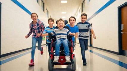 Joyful Inclusion: Children Pushing Wheelchair in School Corridor - Powered by Adobe