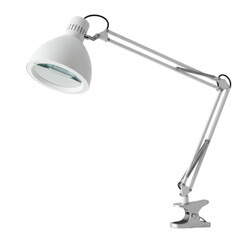 Sleek desk-mounted magnifying lamp with circular lens & integrated LED ring light on articulated arm, isolated on transparent studio background. Concept for modern product design