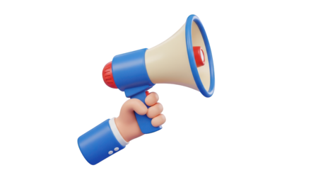 3D rendered hand holding a blue and beige megaphone loudspeaker announcement isolated on a transparent background