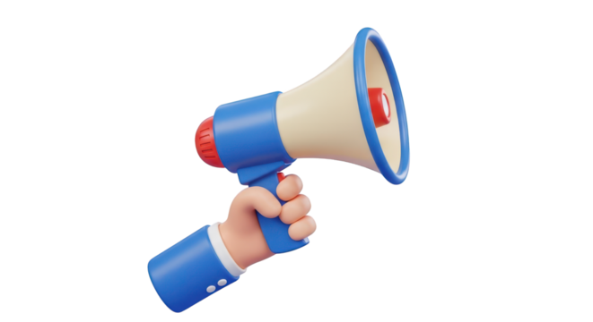 3D rendered hand holding a blue and beige megaphone loudspeaker announcement isolated on a transparent background