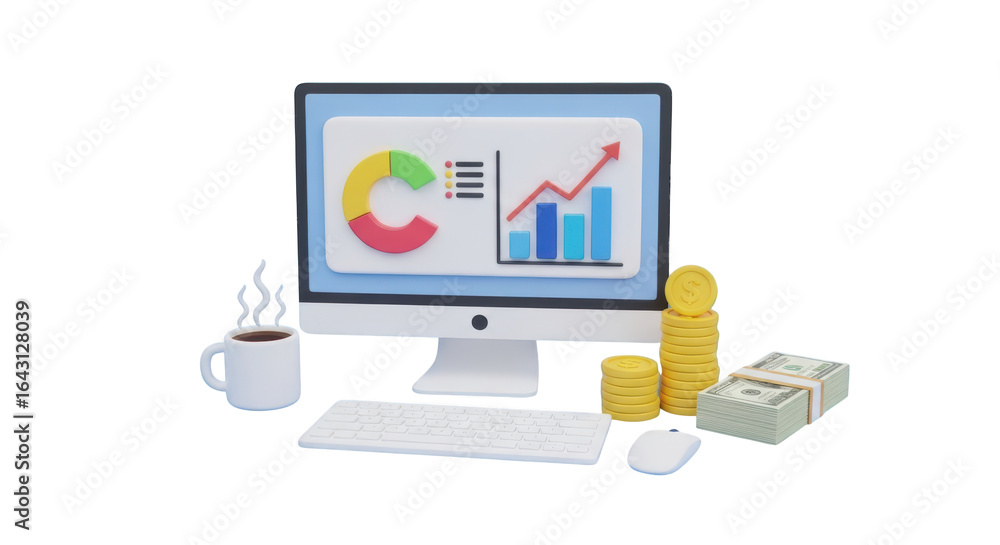Fototapete 3d rendering of computer with financial charts and coffee cup desktop monitor isolated on a transpar